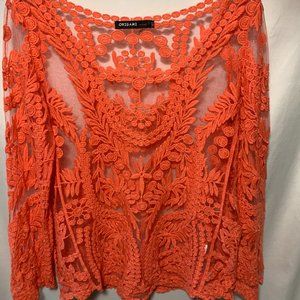 Coral Lace/Embroidered Floral Blouse With Coral Tank Top - size M/L